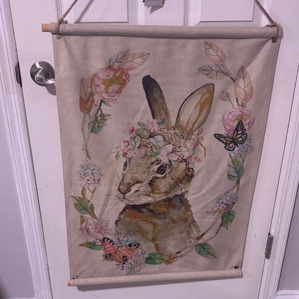 Pier 1…Whimsical Rabbit Tapestry w Floral & Butterfly Accents.. NWT.. 2’x 2’9”